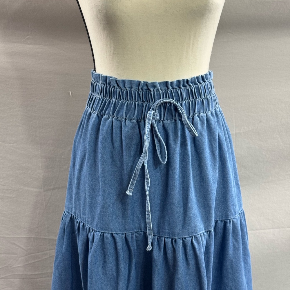 Boho Ruffle Hem Shirred Waist Denim Midi Skirt - Picture 7 of 9